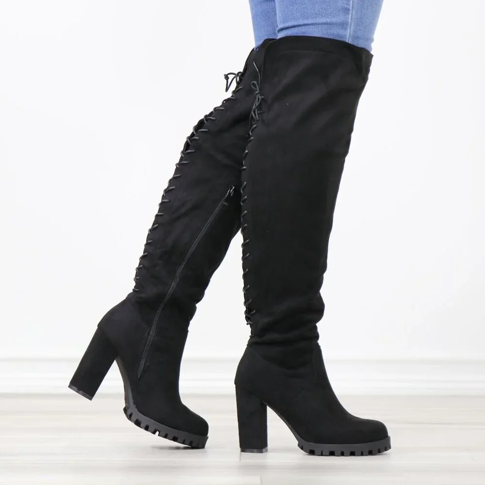Full Lace-Up Back Black Faux Suede Thigh High Over The Knee Lug Block Heel Boots